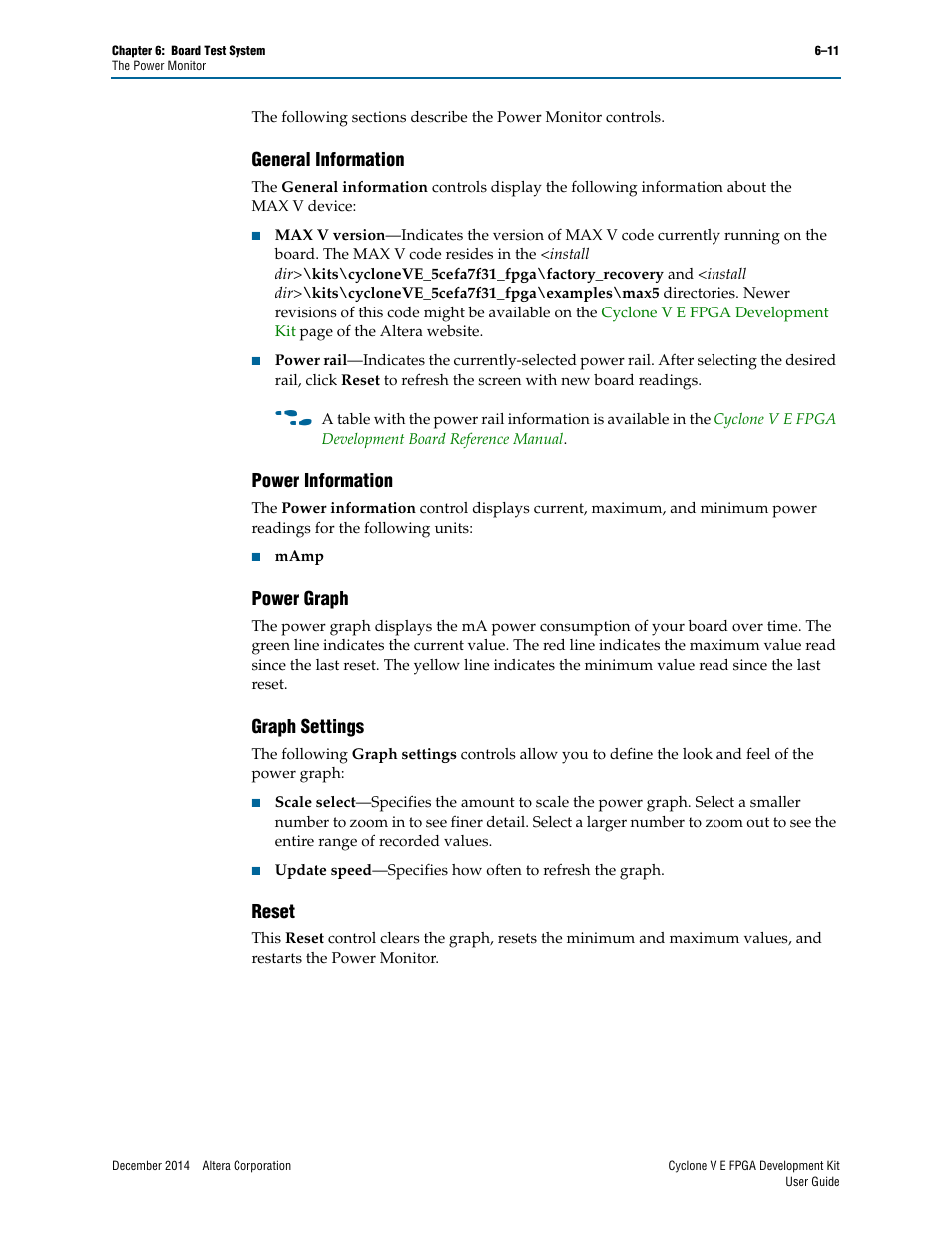 General information, Power information, Power graph | Graph settings, Reset | Altera Cyclone V E FPGA User Manual | Page 27 / 38