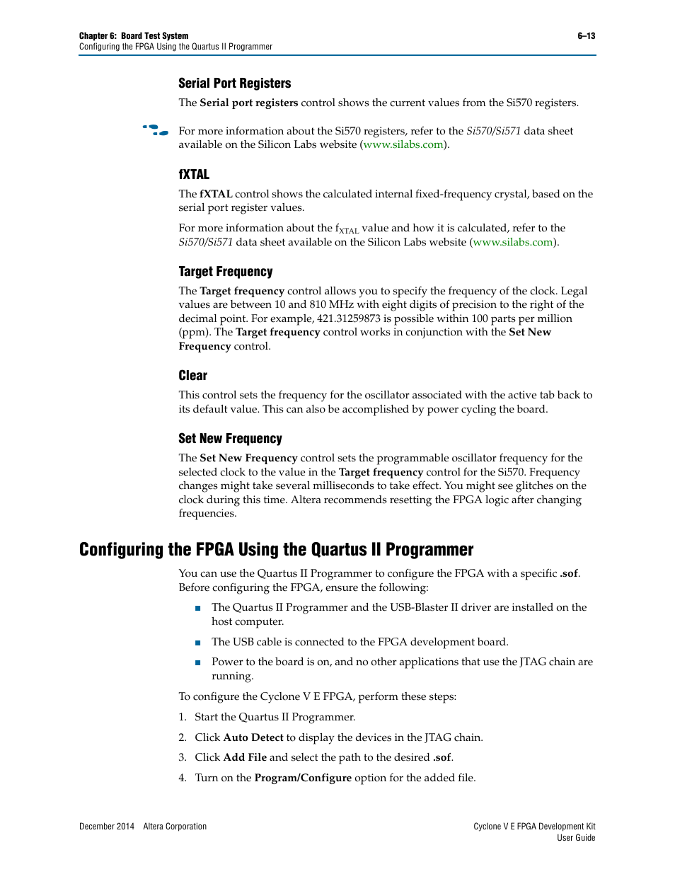 Serial port registers, Fxtal, Target frequency | Clear, Set new frequency | Altera Cyclone V E FPGA User Manual | Page 29 / 38