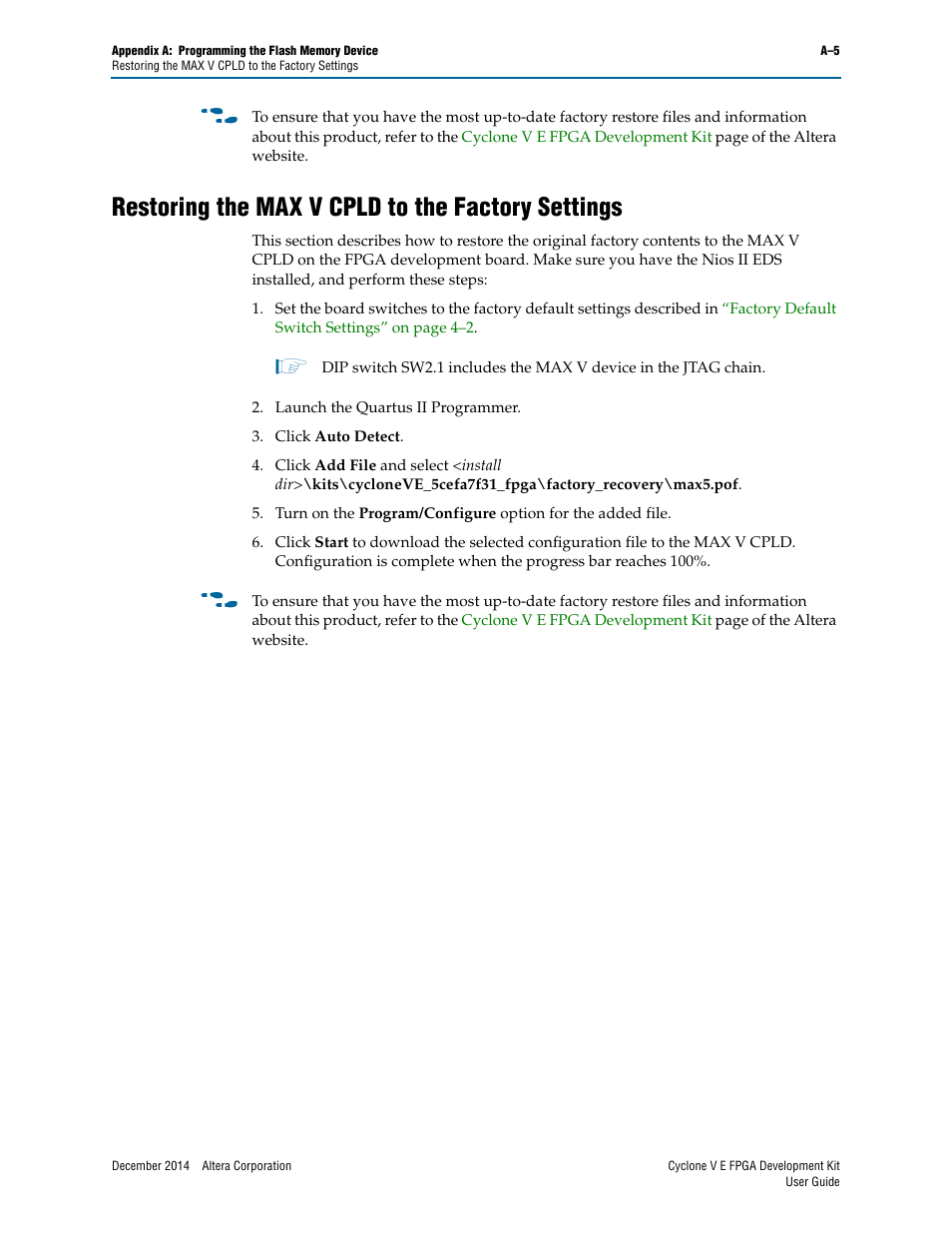 Restoring the max v cpld to the factory settings | Altera Cyclone V E FPGA User Manual | Page 35 / 38