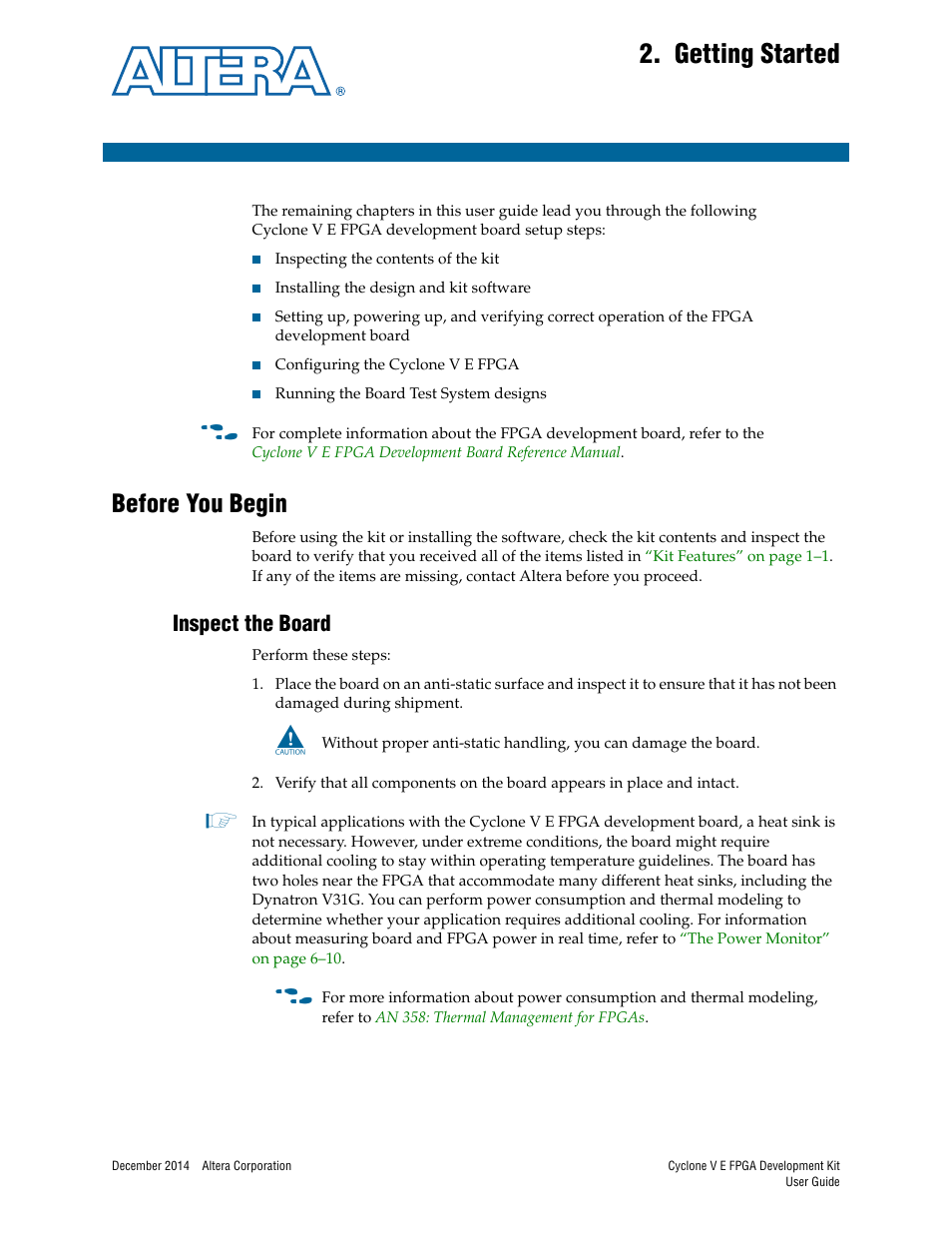Getting started, Before you begin, Inspect the board | Chapter 2. getting started, Before you begin –1, Inspect the board –1 | Altera Cyclone V E FPGA User Manual | Page 7 / 38
