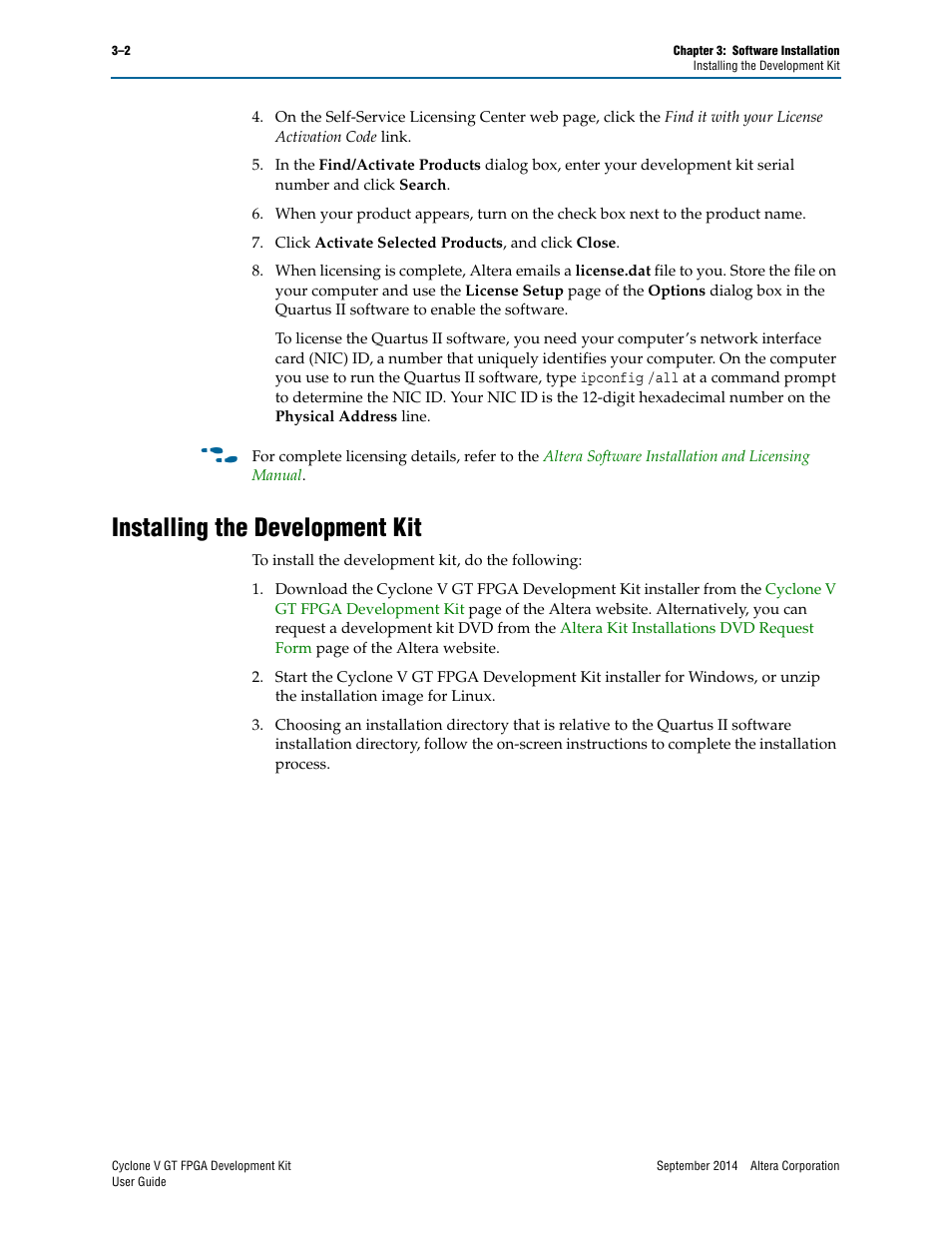 Installing the development kit, Installing the development kit –2, Installing the | Altera Cyclone V GT FPGA User Manual | Page 10 / 50