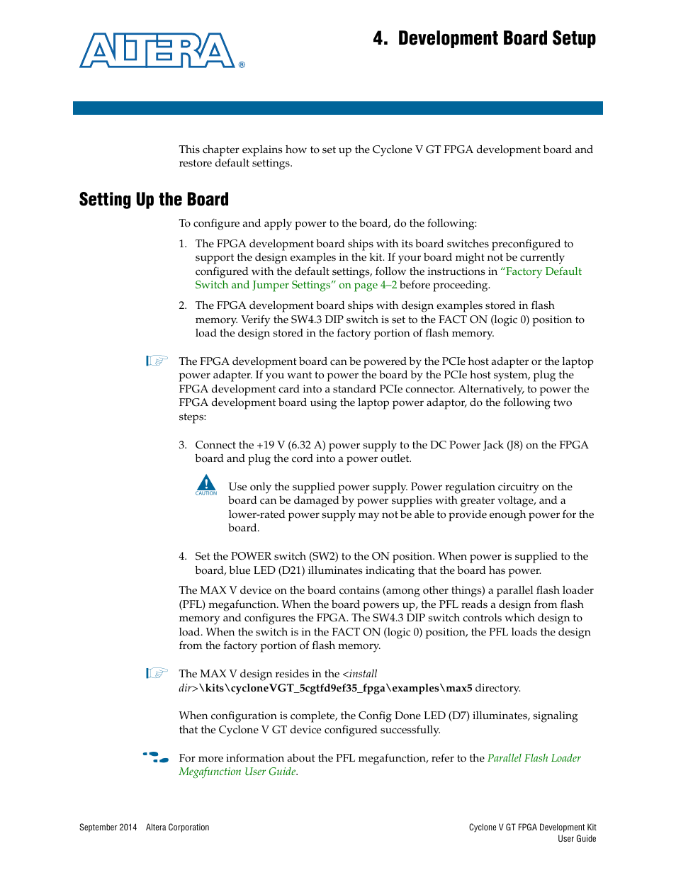 Development board setup, Setting up the board, Chapter 4. development board setup | Setting up the board –1 | Altera Cyclone V GT FPGA User Manual | Page 13 / 50