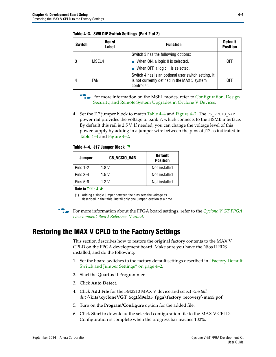 Restoring the max v cpld to the factory settings | Altera Cyclone V GT FPGA User Manual | Page 17 / 50