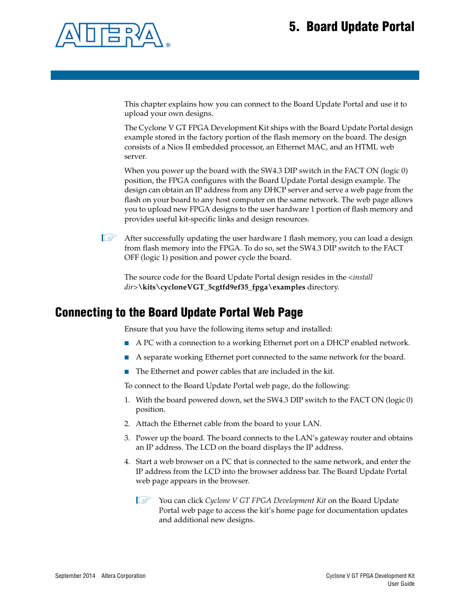 Board update portal, Chapter 5. board update portal, Connecting to the board update portal web page | Altera Cyclone V GT FPGA User Manual | Page 21 / 50
