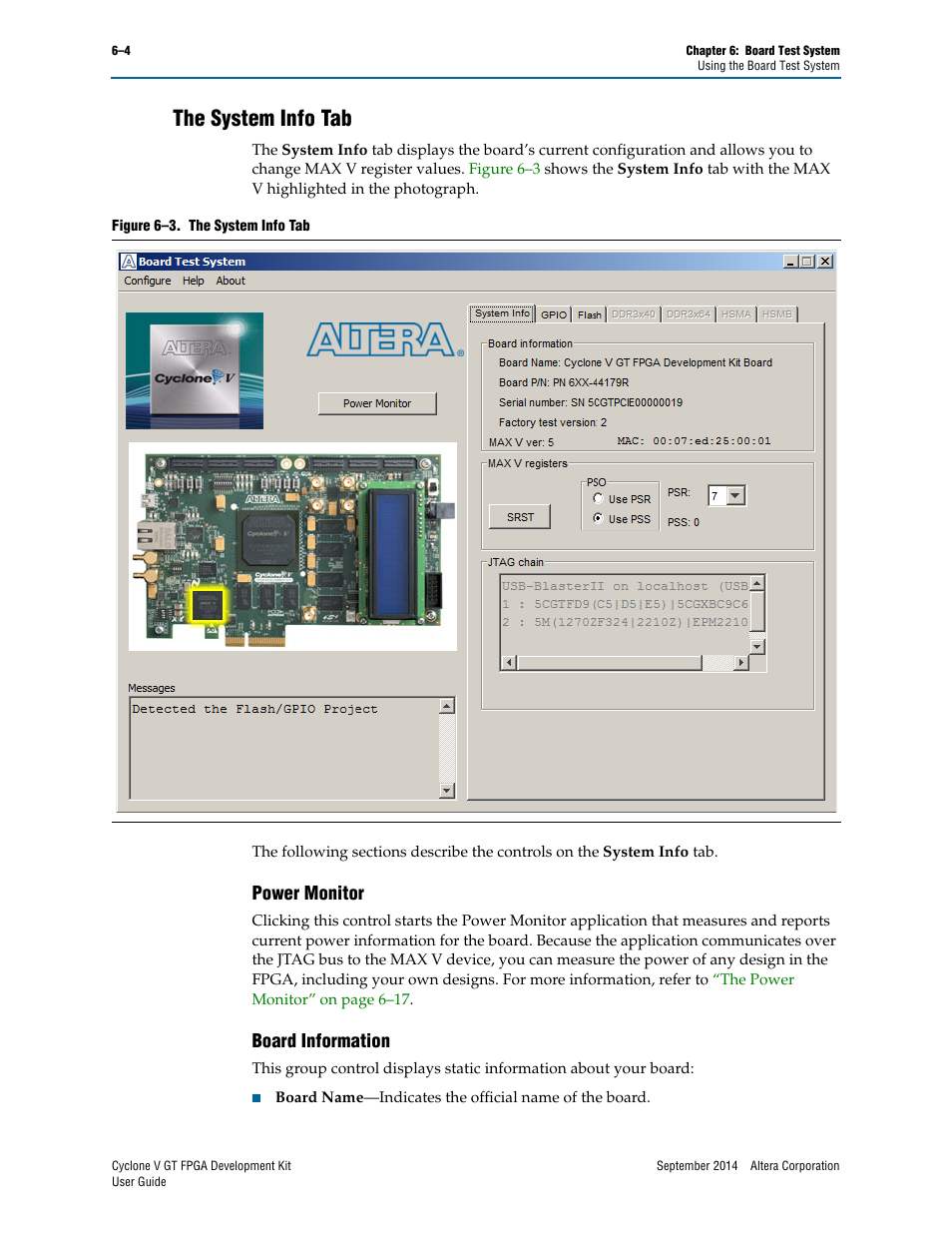 The system info tab, Power monitor, Board information | The system info tab –4, Power monitor –4 board information –4 | Altera Cyclone V GT FPGA User Manual | Page 26 / 50