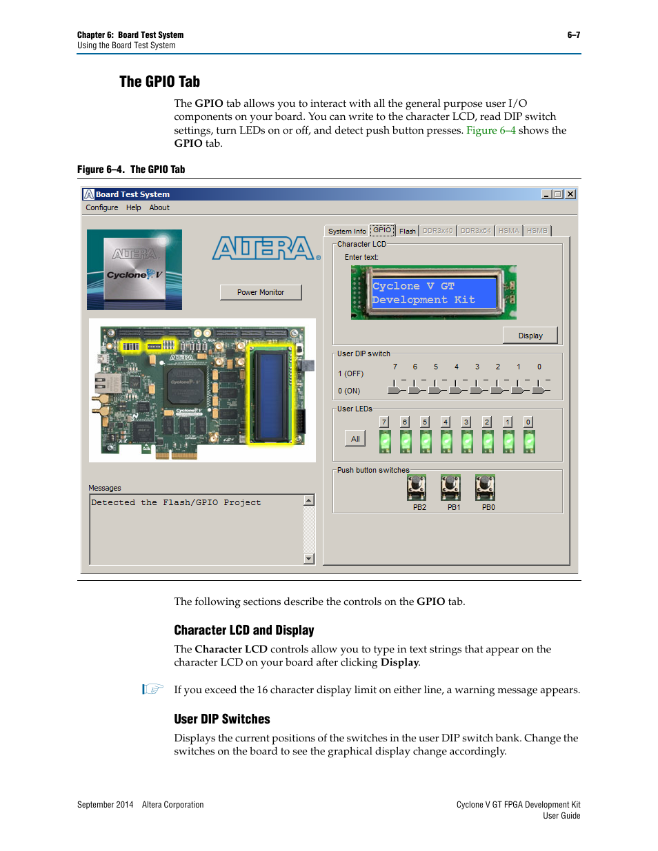 The gpio tab, Character lcd and display, User dip switches | The gpio tab –7, Character lcd and display –7 user dip switches –7 | Altera Cyclone V GT FPGA User Manual | Page 29 / 50