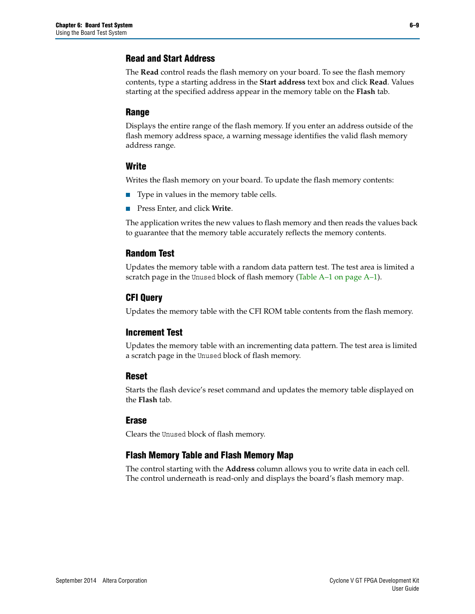 Read and start address, Range, Write | Random test, Cfi query, Increment test, Reset, Erase, Flash memory table and flash memory map, Read and start address –9 range –9 write –9 | Altera Cyclone V GT FPGA User Manual | Page 31 / 50