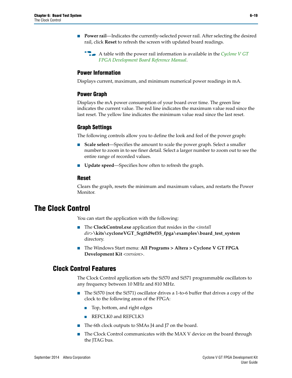 Power information, Power graph, Graph settings | Reset, The clock control, Clock control features, The clock control –19, Clock control features –19 | Altera Cyclone V GT FPGA User Manual | Page 41 / 50