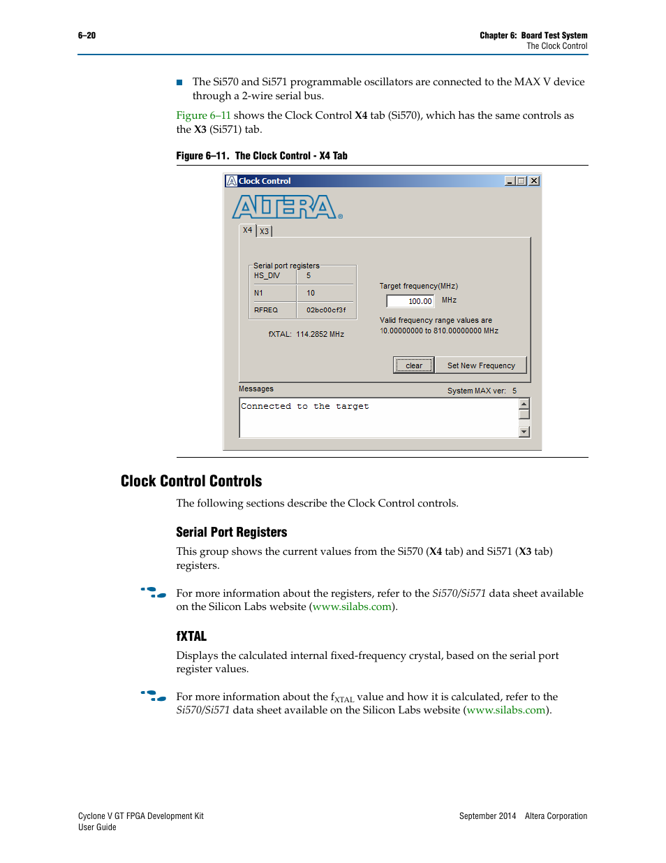 Clock control controls, Serial port registers, Fxtal | Clock control controls –20, Serial port registers –20 fxtal –20 | Altera Cyclone V GT FPGA User Manual | Page 42 / 50