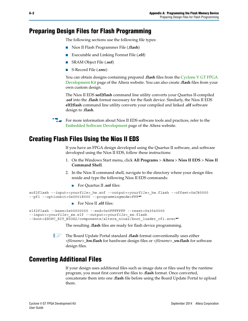 Preparing design files for flash programming, Creating flash files using the nios ii eds, Converting additional files | Altera Cyclone V GT FPGA User Manual | Page 46 / 50