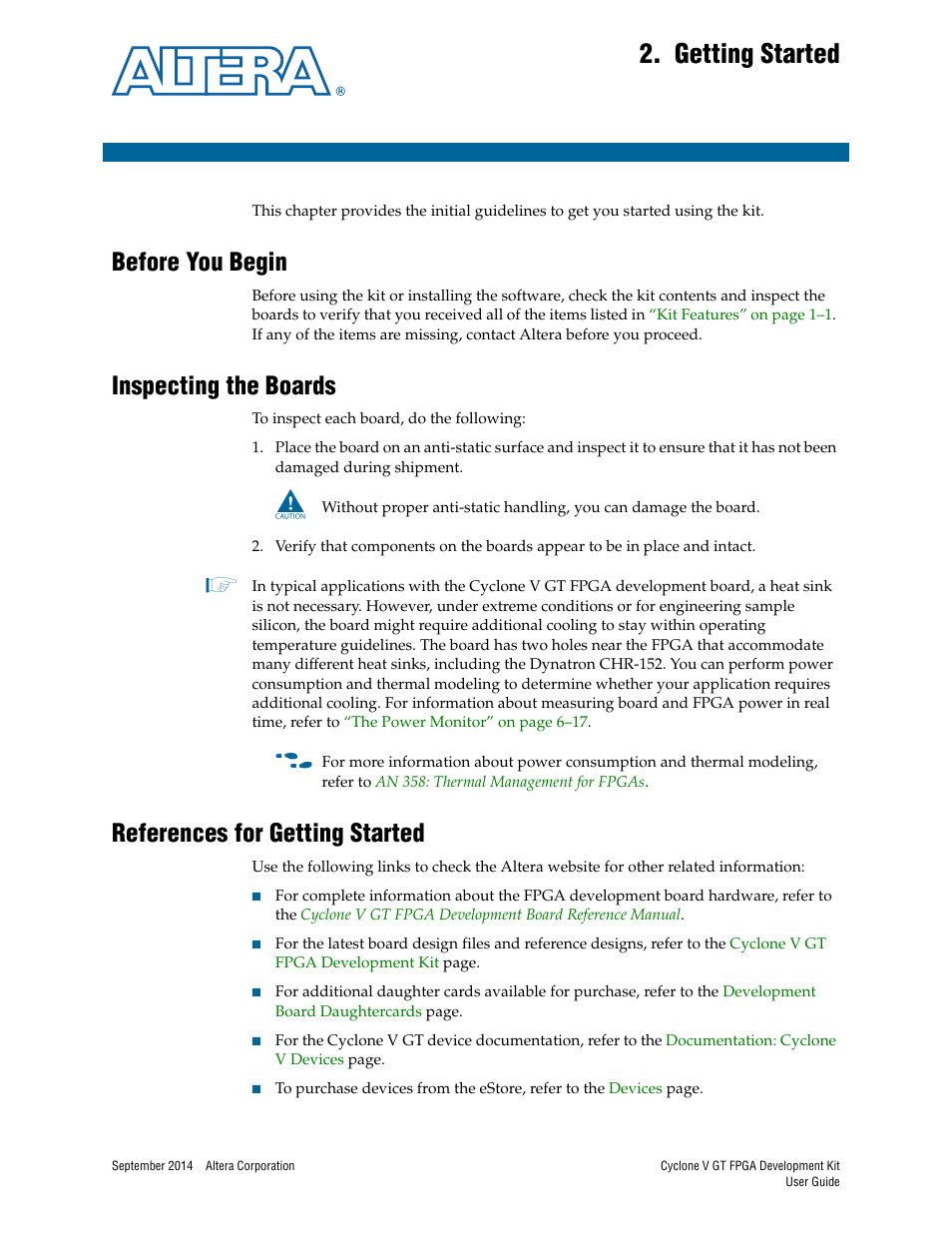 Getting started, Before you begin, Inspecting the boards | References for getting started, Chapter 2. getting started | Altera Cyclone V GT FPGA User Manual | Page 7 / 50