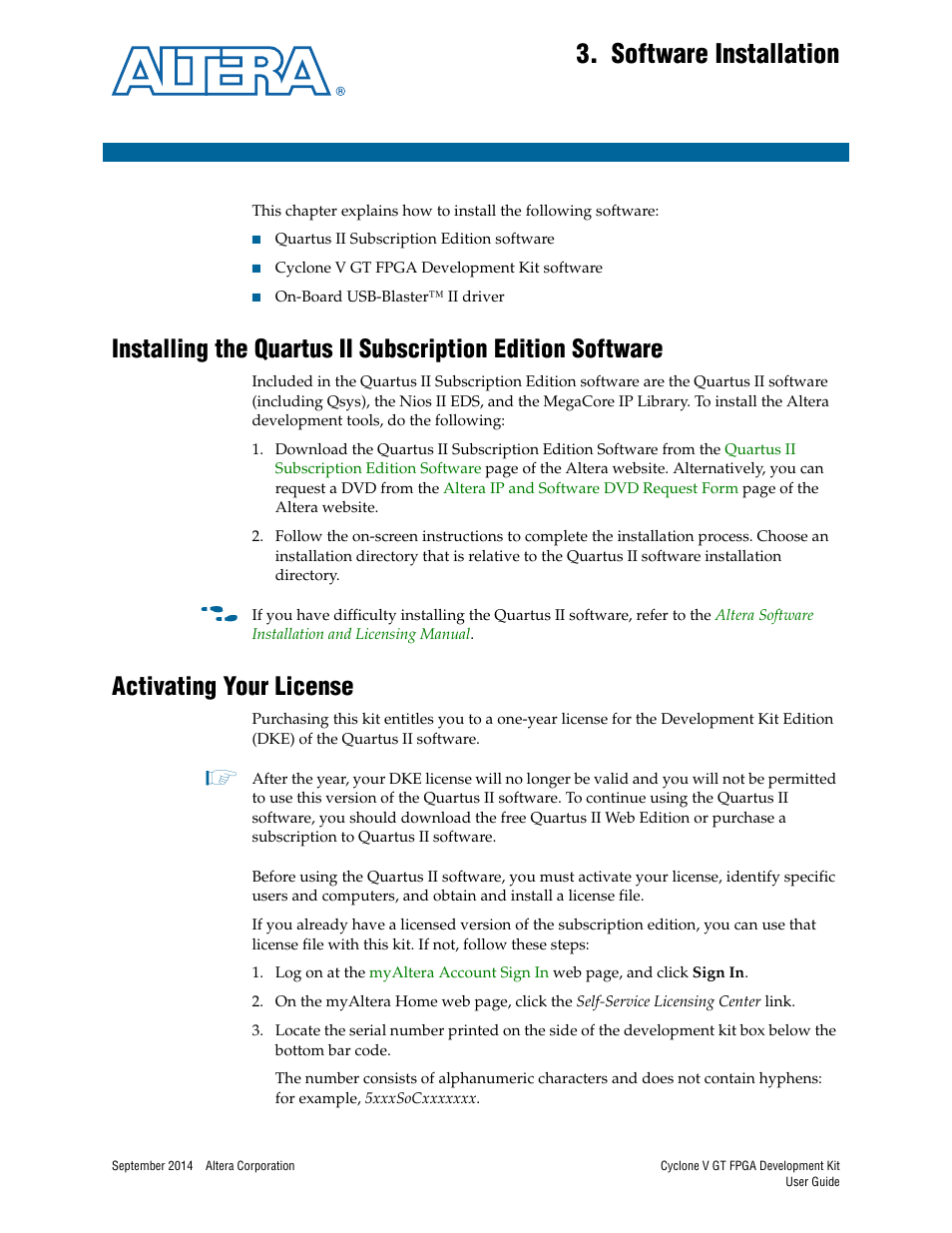 Software installation, Activating your license, Chapter 3. software installation | Altera Cyclone V GT FPGA User Manual | Page 9 / 50