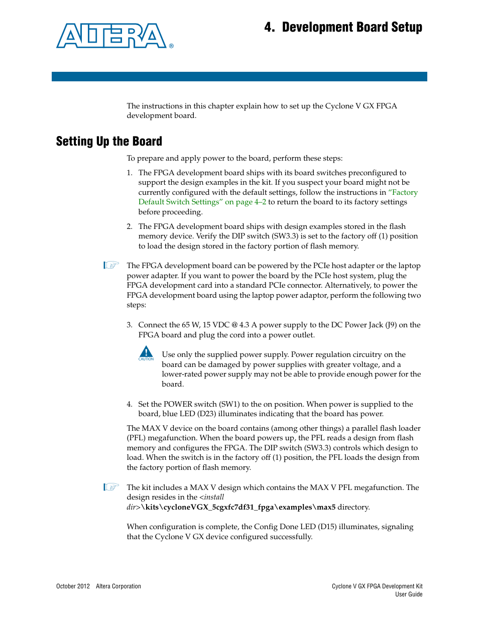 Development board setup, Setting up the board, Chapter 4. development board setup | Setting up the board –1 | Altera Cyclone V GX FPGA User Manual | Page 11 / 38