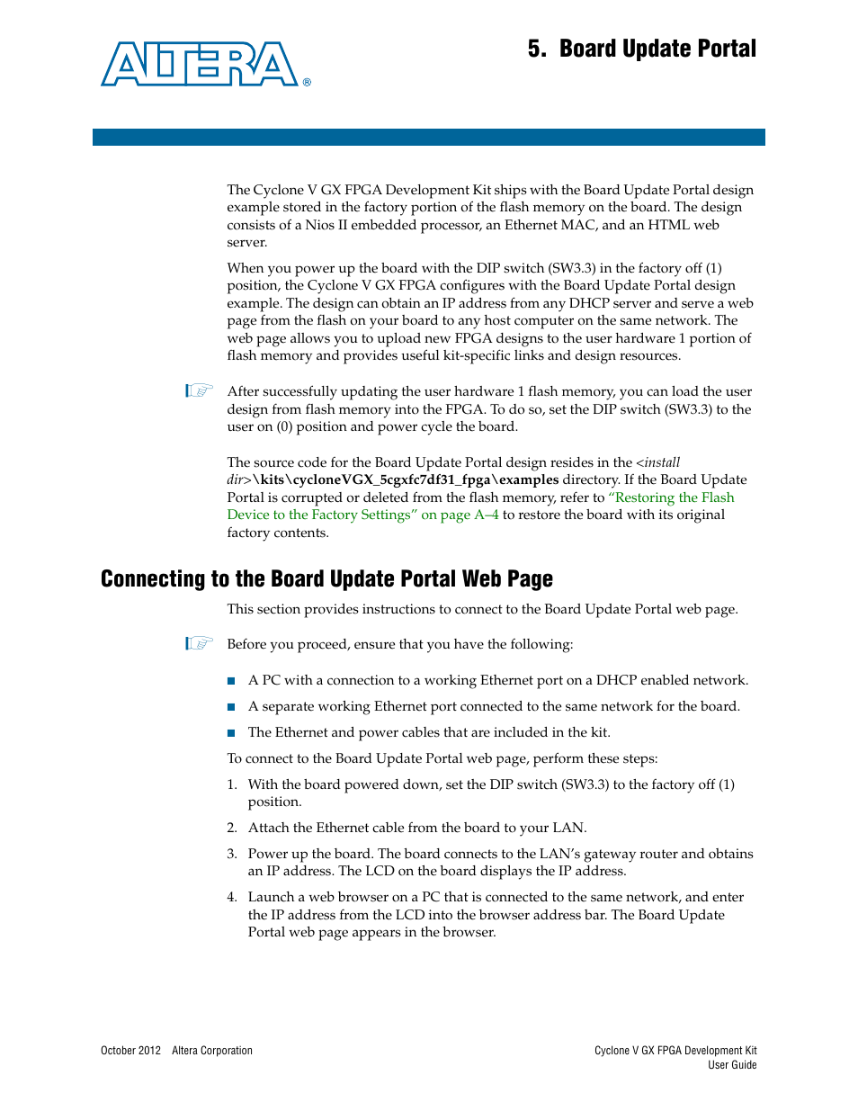 Board update portal, Chapter 5. board update portal, Connecting to the board update portal web page | Altera Cyclone V GX FPGA User Manual | Page 15 / 38