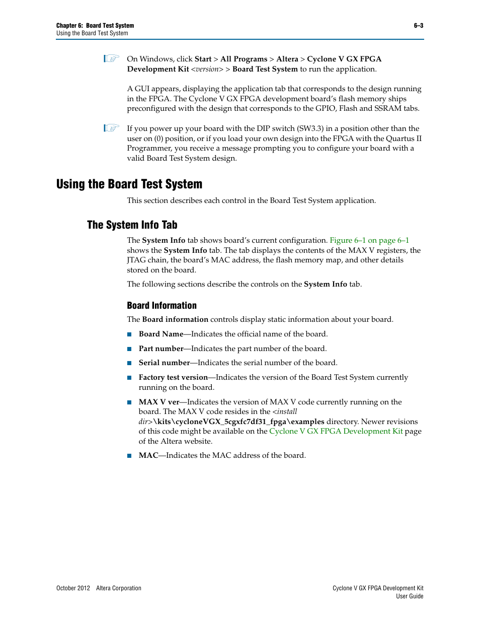 Using the board test system, The system info tab, Board information | Using the board test system –3, The system info tab –3, Board information –3 | Altera Cyclone V GX FPGA User Manual | Page 19 / 38