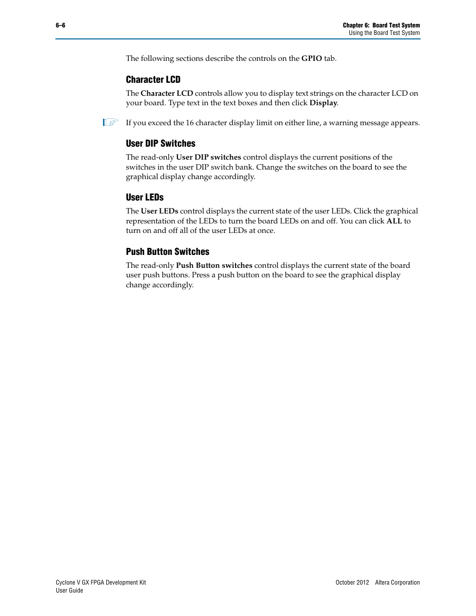 Character lcd, User dip switches, User leds | Push button switches | Altera Cyclone V GX FPGA User Manual | Page 22 / 38