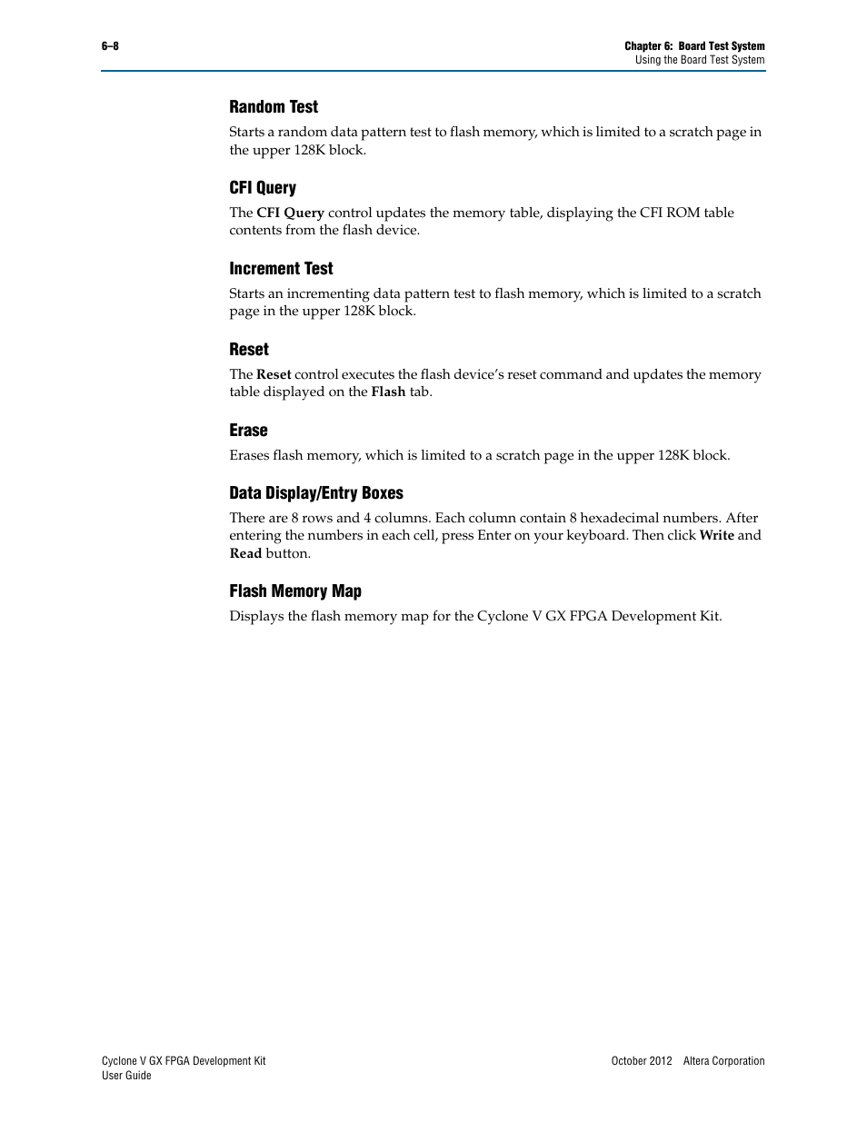 Random test, Cfi query, Increment test | Reset, Erase, Data display/entry boxes, Flash memory map, Data display/entry boxes –8 flash memory map –8 | Altera Cyclone V GX FPGA User Manual | Page 24 / 38