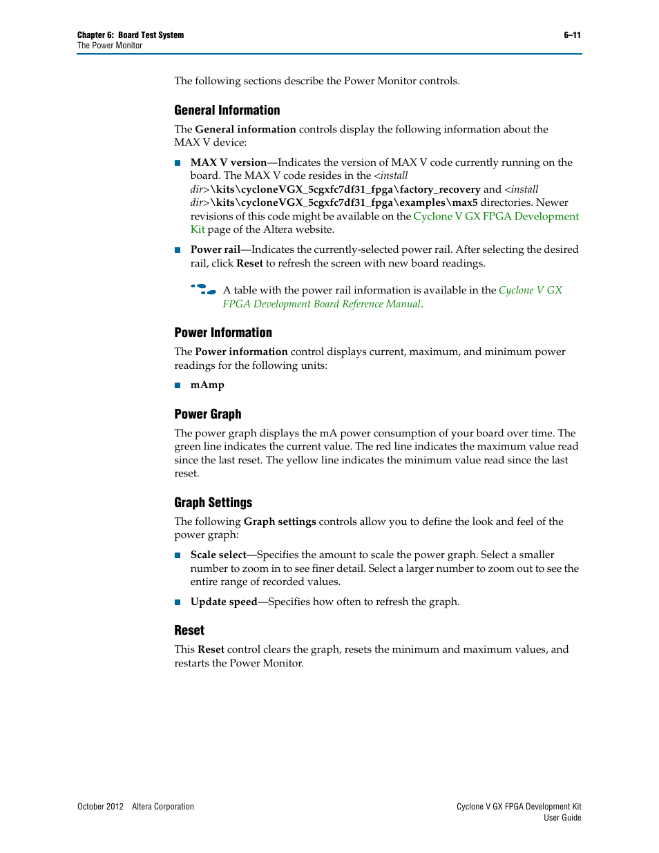 General information, Power information, Power graph | Graph settings, Reset | Altera Cyclone V GX FPGA User Manual | Page 27 / 38