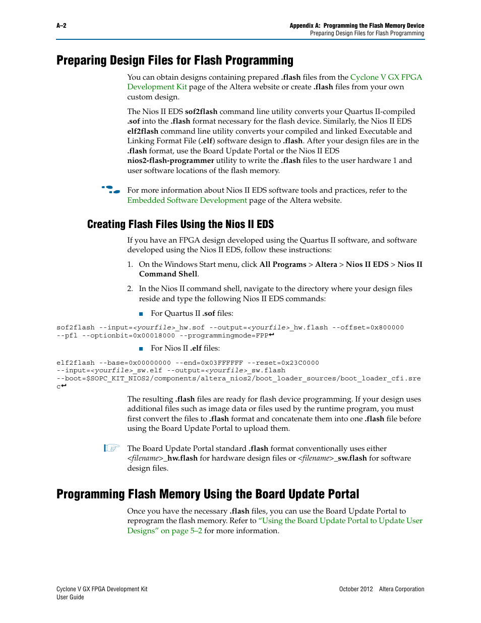 Preparing design files for flash programming, Creating flash files using the nios ii eds | Altera Cyclone V GX FPGA User Manual | Page 32 / 38