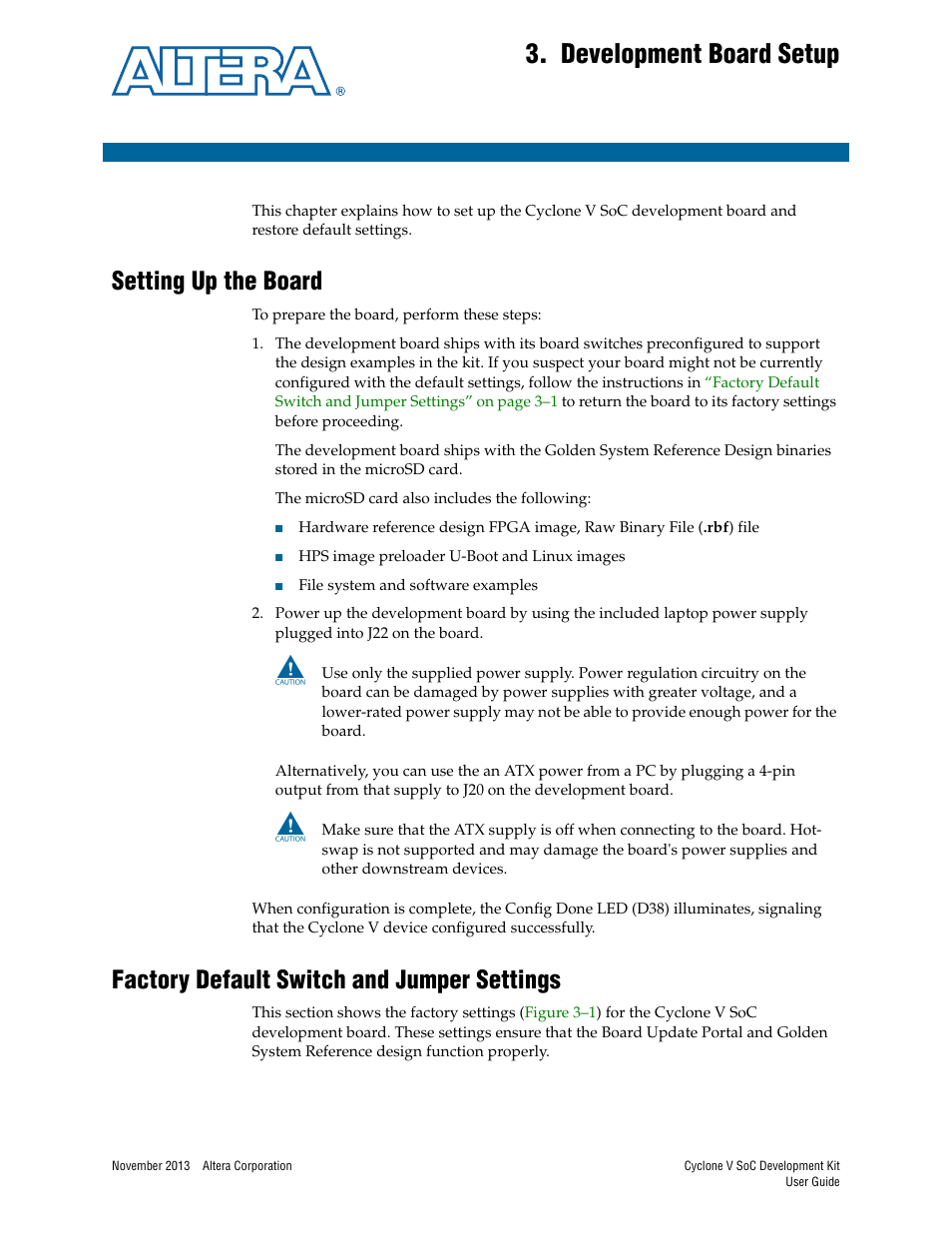 Development board setup, Setting up the board, Factory default switch and jumper settings | Chapter 3. development board setup | Altera Cyclone V SoC User Manual | Page 11 / 44