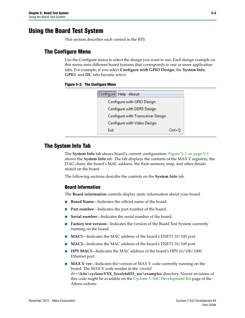 Using the board test system, The configure menu, The system info tab | Board information, Using the board test system –3, The configure menu –3 the system info tab –3, Board information –3 | Altera Cyclone V SoC User Manual | Page 21 / 44