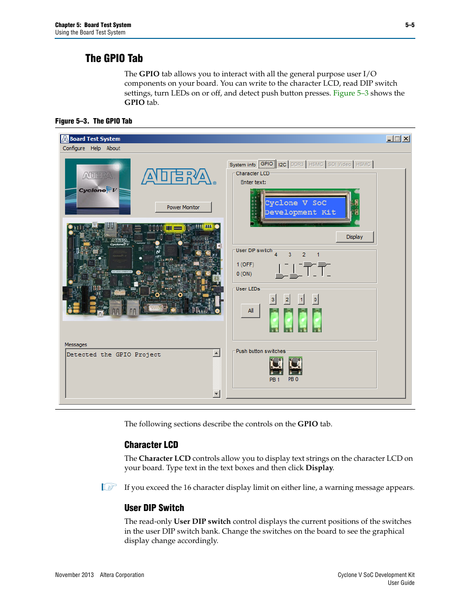 The gpio tab, Character lcd, User dip switch | The gpio tab –5, Character lcd –5 user dip switch –5 | Altera Cyclone V SoC User Manual | Page 23 / 44