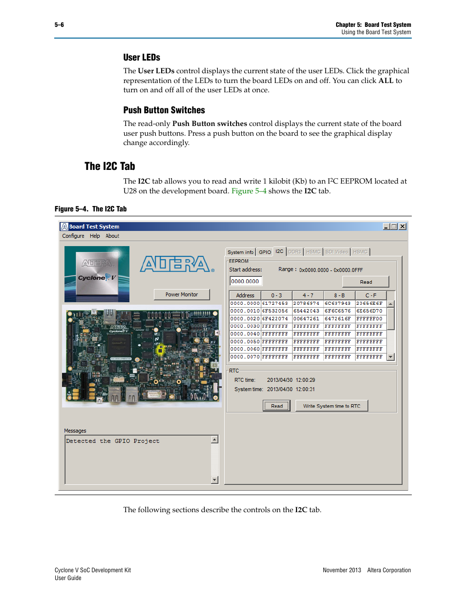 User leds, Push button switches, The i2c tab | User leds –6 push button switches –6, The i2c tab –6 | Altera Cyclone V SoC User Manual | Page 24 / 44