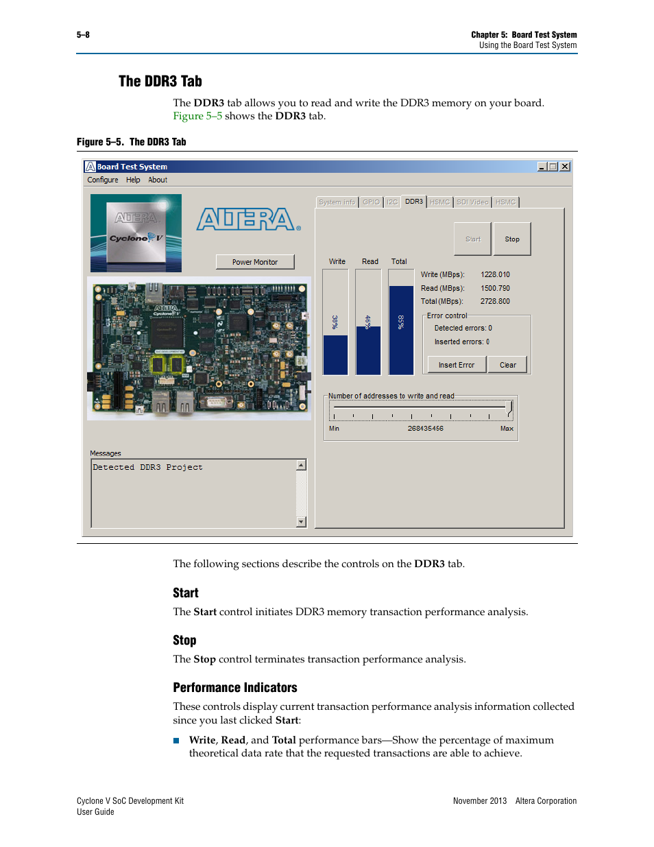 The ddr3 tab, Start, Stop | Performance indicators, The ddr3 tab –8, Start –8 stop –8 performance indicators –8 | Altera Cyclone V SoC User Manual | Page 26 / 44