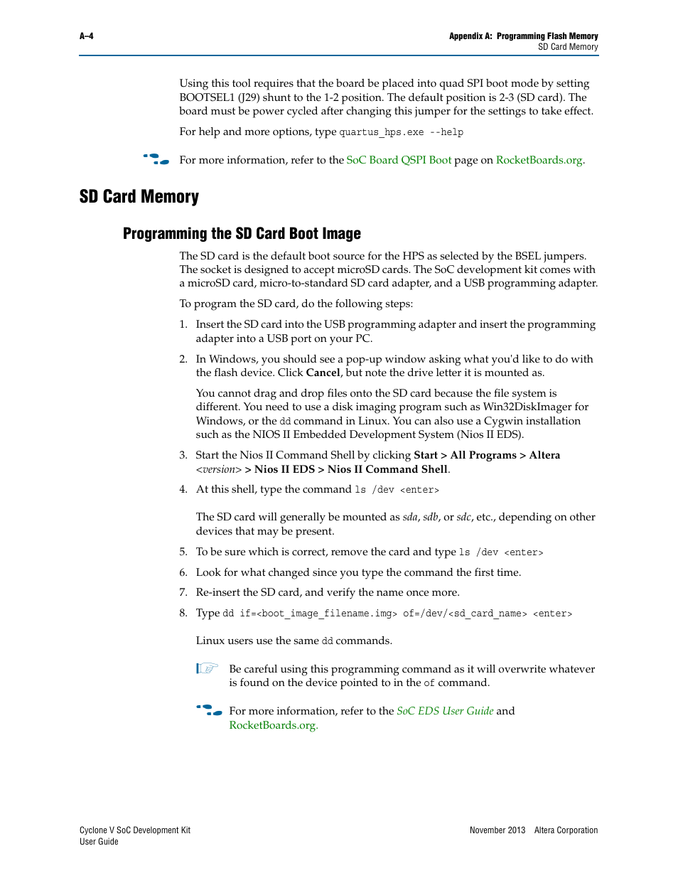 Sd card memory, Programming the sd card boot image | Altera Cyclone V SoC User Manual | Page 42 / 44