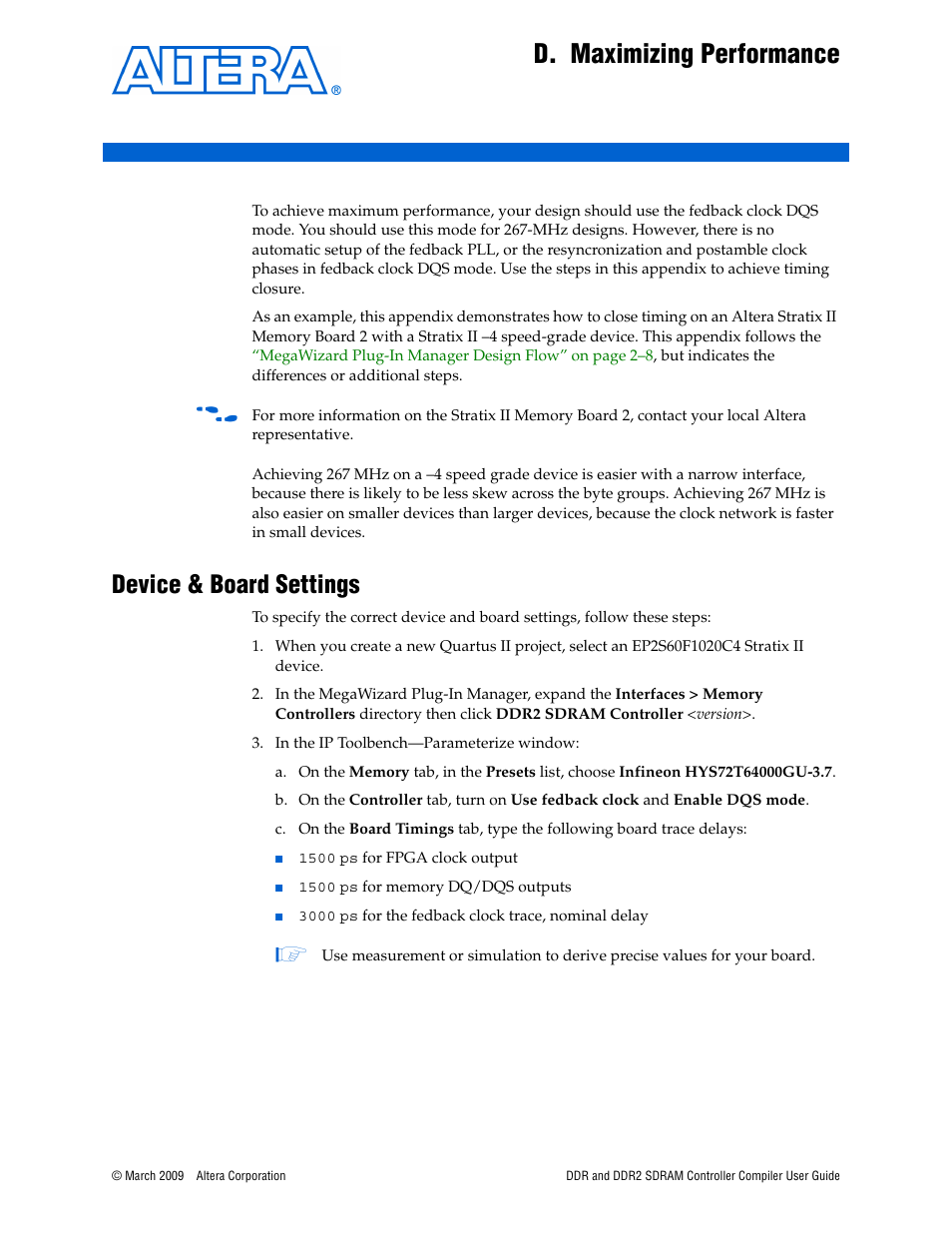D. maximizing performance, Device & board settings, Appendix d. maximizing performance | Appendix d, maximizing performance | Altera DDR SDRAM Controller User Manual | Page 101 / 106