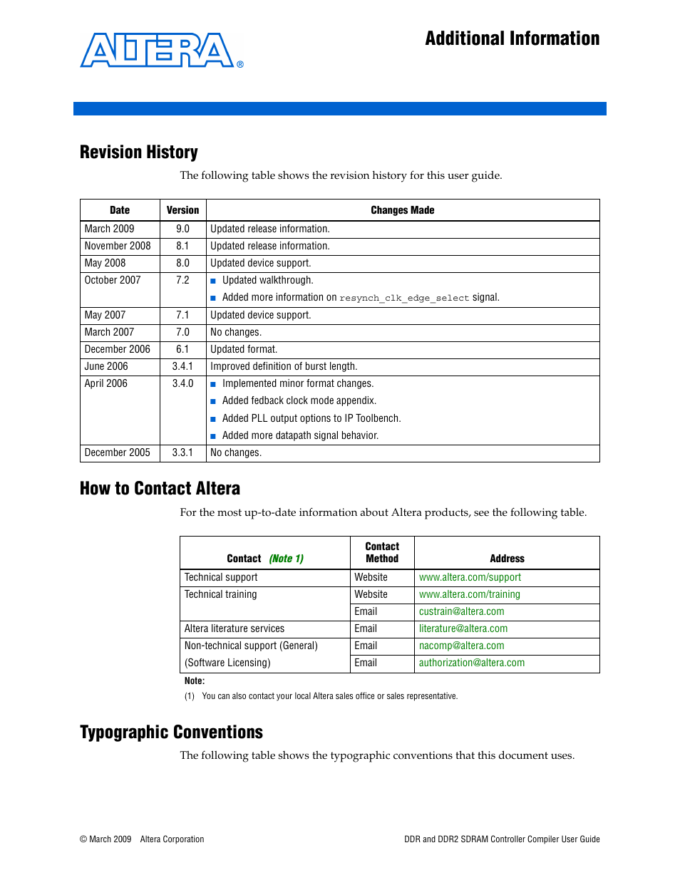 Additional information, Revision history, How to contact altera | Typographic conventions | Altera DDR SDRAM Controller User Manual | Page 105 / 106