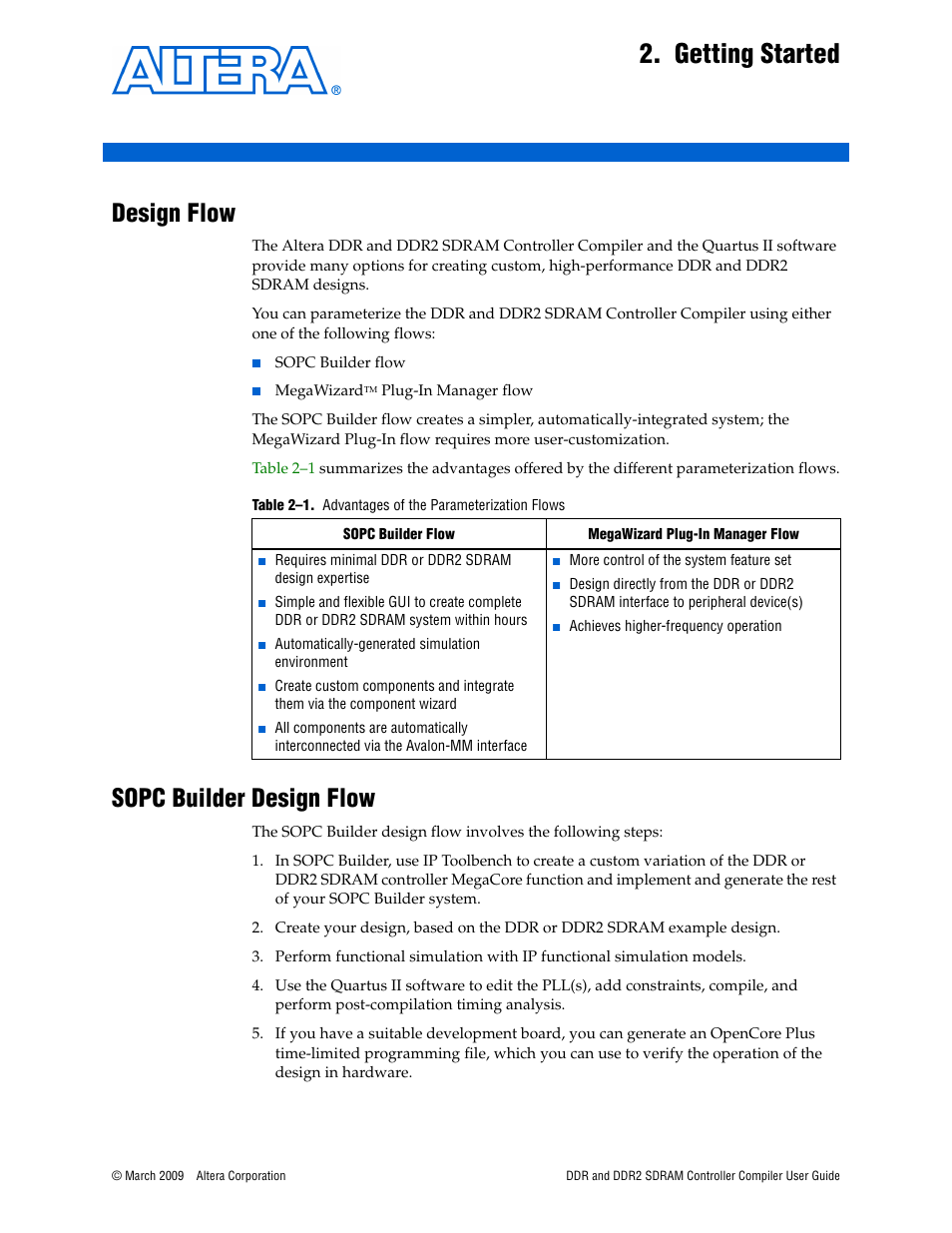 Getting started, Design flow, Sopc builder design flow | Chapter 2. g, Design flow –1 sopc builder design flow –1 | Altera DDR SDRAM Controller User Manual | Page 11 / 106