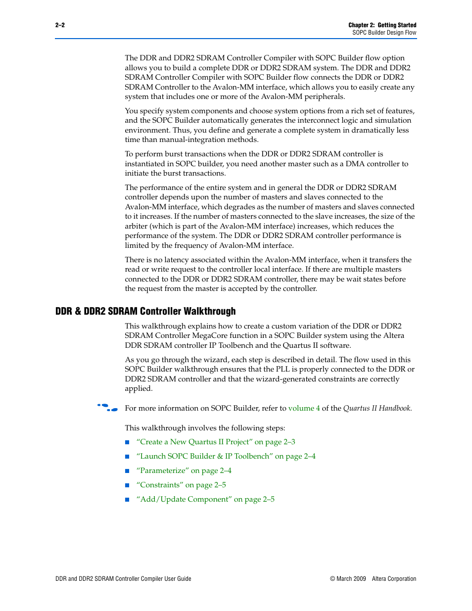 Ddr & ddr2 sdram controller walkthrough, Ddr & ddr2 sdram controller walkthrough –2 | Altera DDR SDRAM Controller User Manual | Page 12 / 106