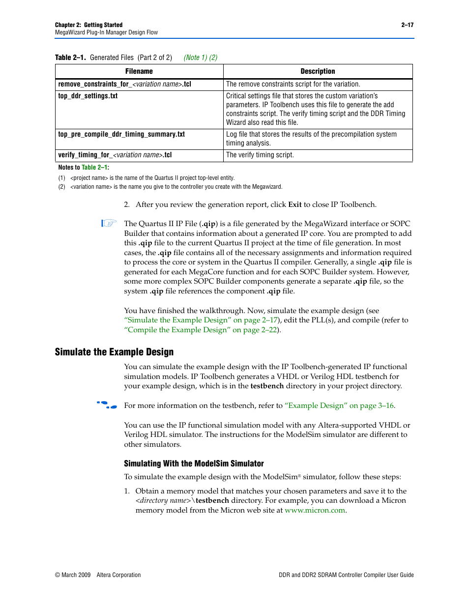 Simulate the example design, Simulate the example design –17, Note 1) | Altera DDR SDRAM Controller User Manual | Page 27 / 106