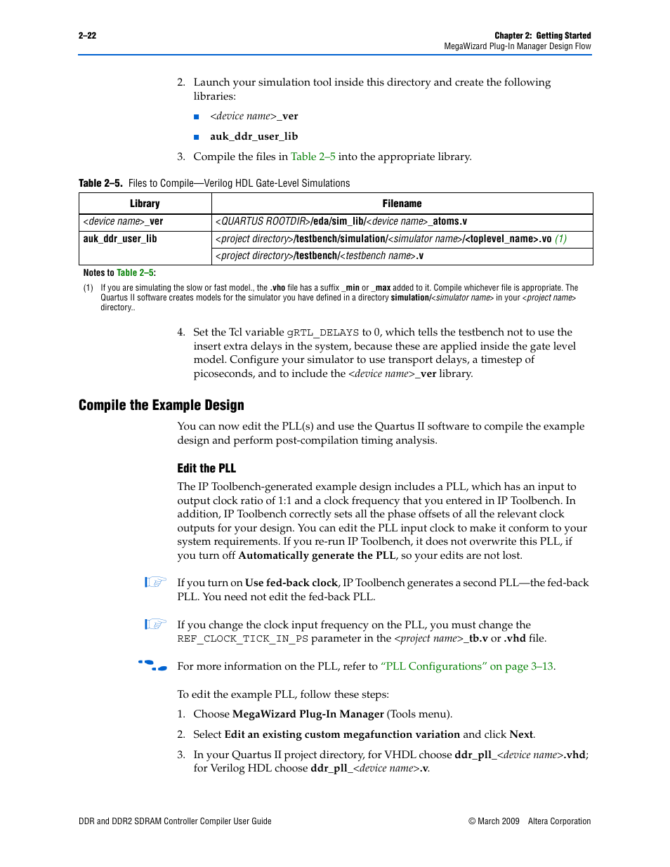 Compile the example design, Compile the example design –22, Edit the pll” on | Altera DDR SDRAM Controller User Manual | Page 32 / 106