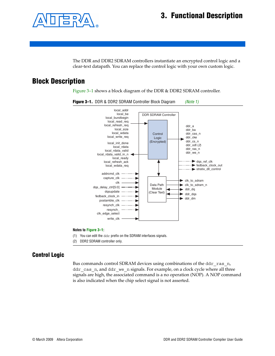 Functional description, Block description, Control logic | Chapter 3. f, Block description –1, Control logic –1 | Altera DDR SDRAM Controller User Manual | Page 37 / 106