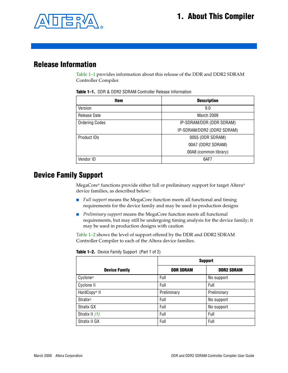 About this compiler, Release information, Device family support | Chapter 1. about this compiler, Release information –1 device family support –1 | Altera DDR SDRAM Controller User Manual | Page 5 / 106