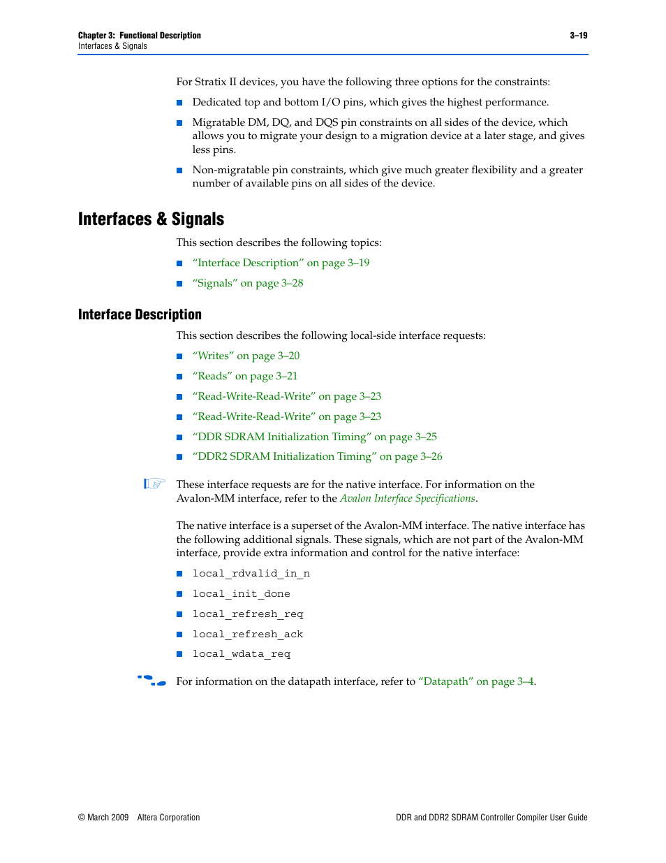 Interfaces & signals, Interface description, Interfaces & signals –19 | Interface description –19 | Altera DDR SDRAM Controller User Manual | Page 55 / 106