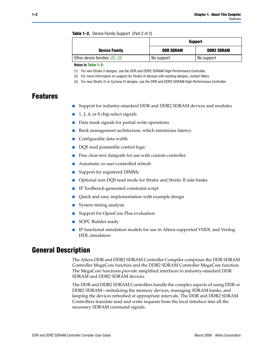 Features, General description, Features –2 general description –2 | Ratix ii | Altera DDR SDRAM Controller User Manual | Page 6 / 106