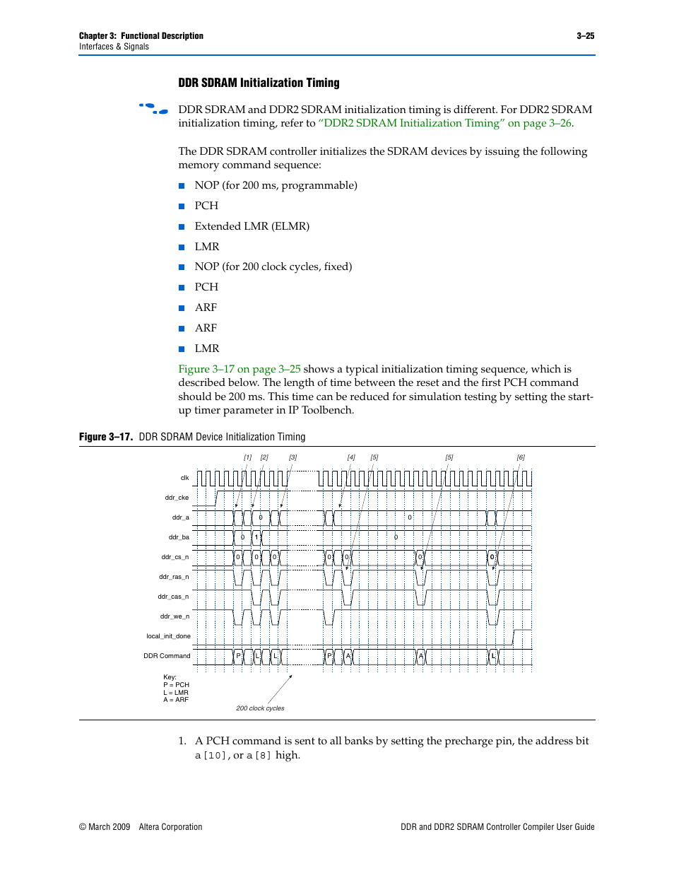 Efer to, Ddr sdram initialization timing, Nop (for 200 ms, programmable) | Extended lmr (elmr), Nop (for 200 clock cycles, fixed) | Altera DDR SDRAM Controller User Manual | Page 61 / 106