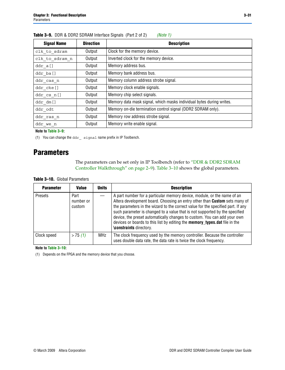 Parameters, Parameters –31 | Altera DDR SDRAM Controller User Manual | Page 67 / 106