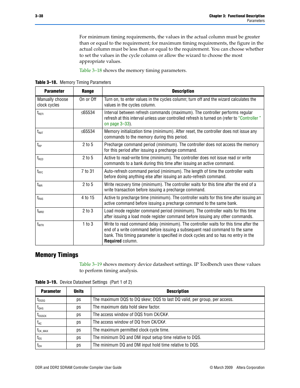 Memory timings, Memory timings –38 | Altera DDR SDRAM Controller User Manual | Page 74 / 106