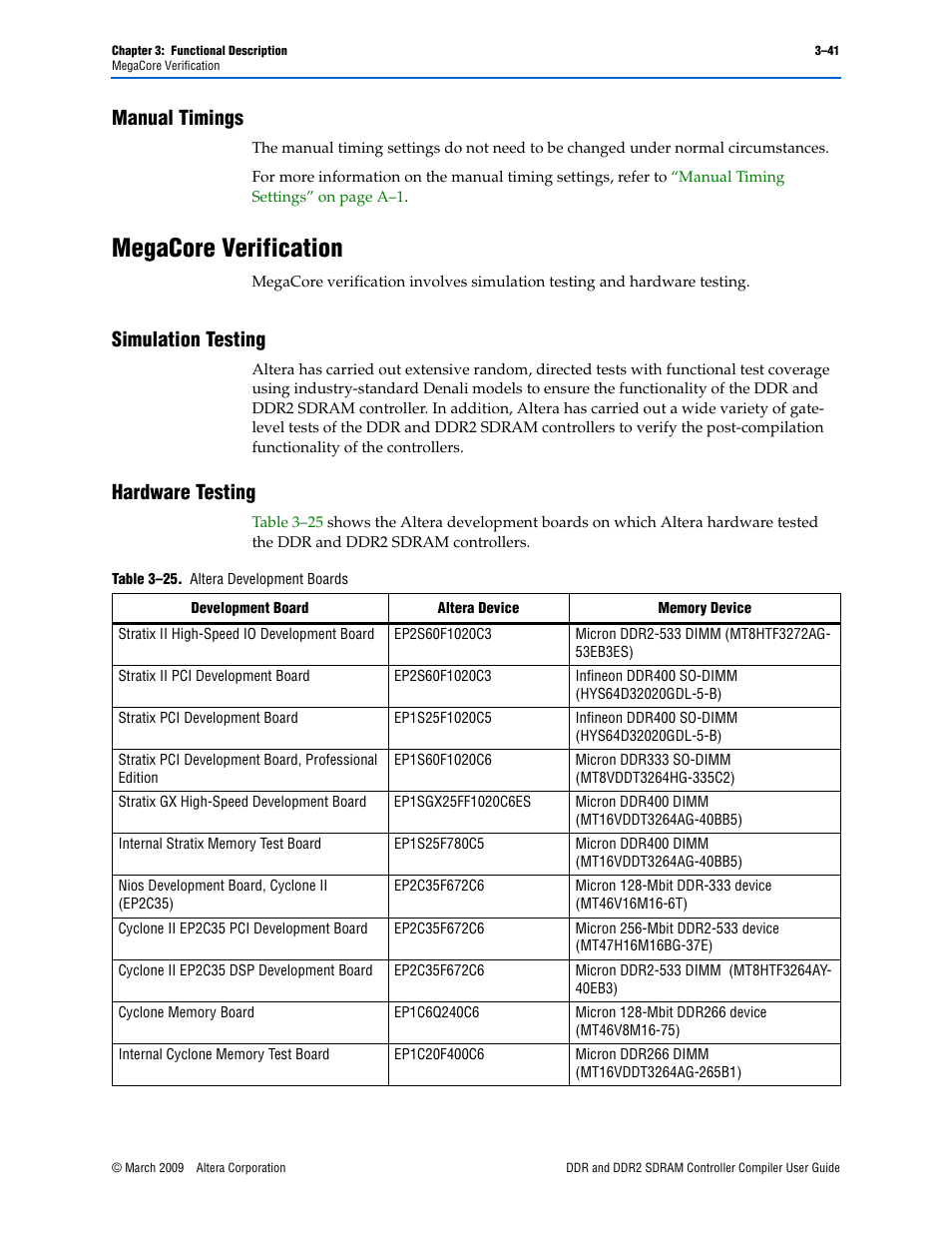 Manual timings, Megacore verification, Simulation testing | Hardware testing, Manual timings –41, Megacore verification –41, Simulation testing –41 hardware testing –41 | Altera DDR SDRAM Controller User Manual | Page 77 / 106