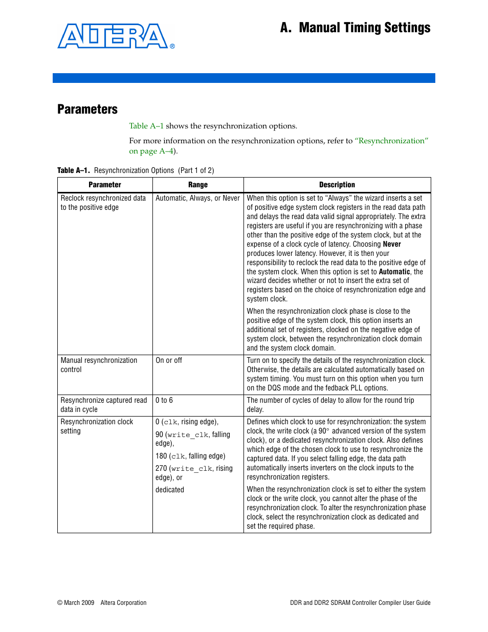 A. manual timing settings, Parameters, Appendix a. manual timing settings | Manual, Appendix a, Manual timing settings, Appendix a, manual timing settings, Fer to, Efer to, R to | Altera DDR SDRAM Controller User Manual | Page 79 / 106