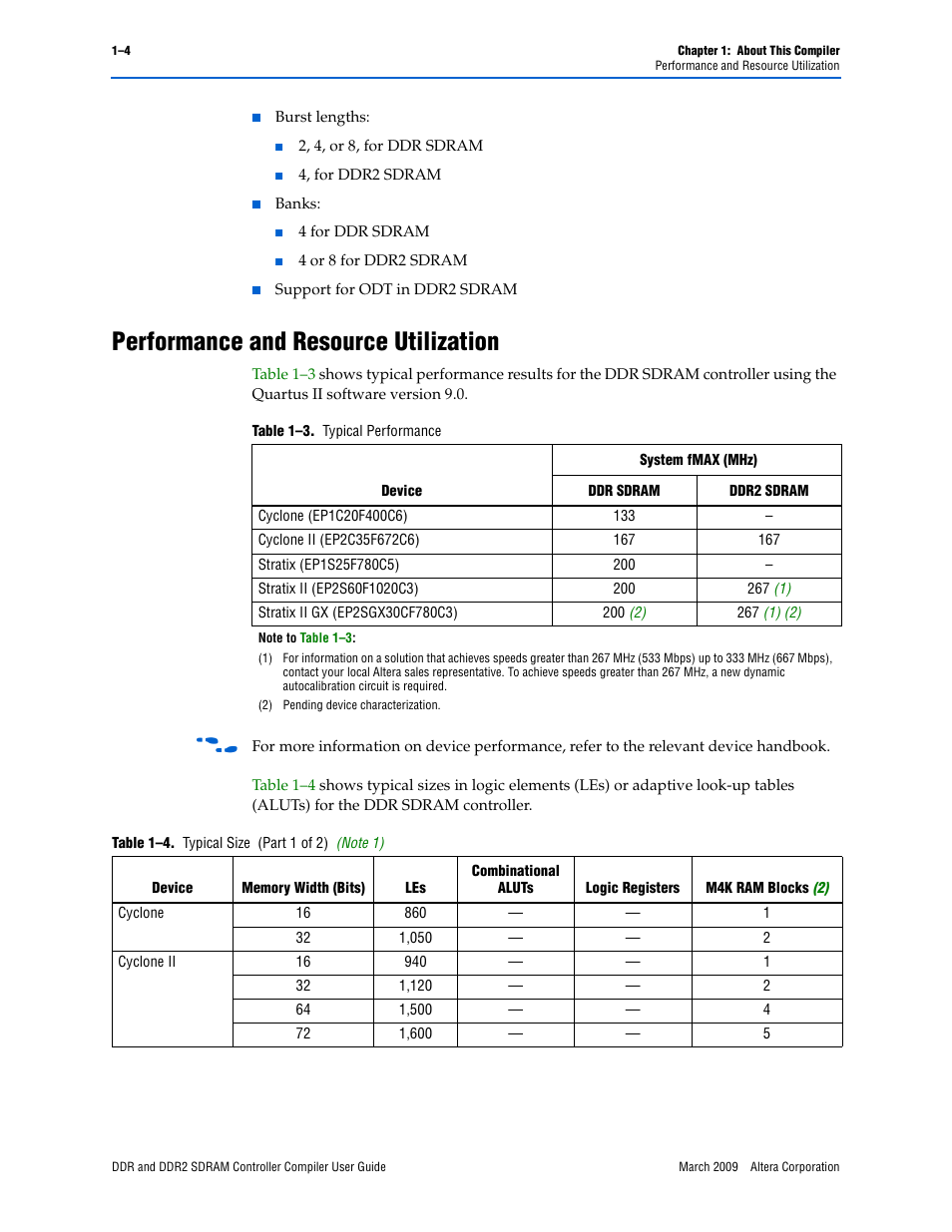 Performance and resource utilization, Performance and resource utilization –4 | Altera DDR SDRAM Controller User Manual | Page 8 / 106