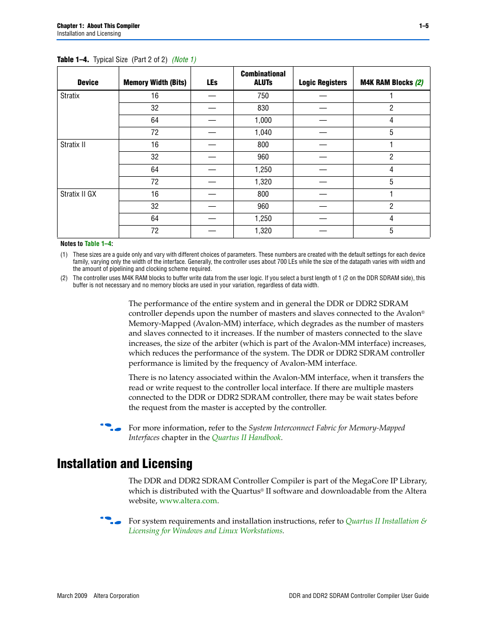 Installation and licensing, Installation and licensing –5, Note 1) | Altera DDR SDRAM Controller User Manual | Page 9 / 106
