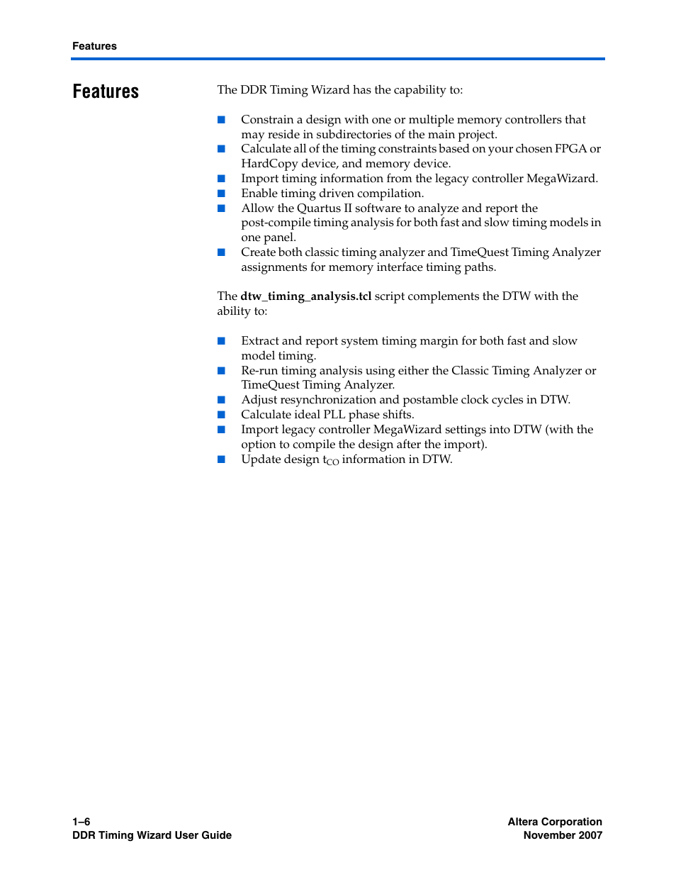 Features, Features –6 | Altera DDR Timing Wizard User Manual | Page 12 / 92