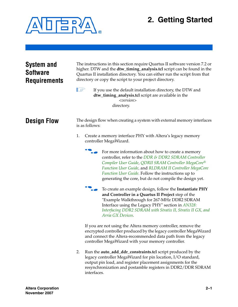 Getting started, System and software requirements, Design flow | Chapter 2. getting started, System and software requirements –1 design flow –1 | Altera DDR Timing Wizard User Manual | Page 13 / 92