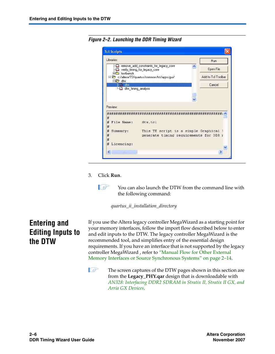 Entering and editing inputs to the dtw, Entering and editing inputs to the dtw –6, Figure 2–2 | Altera DDR Timing Wizard User Manual | Page 18 / 92