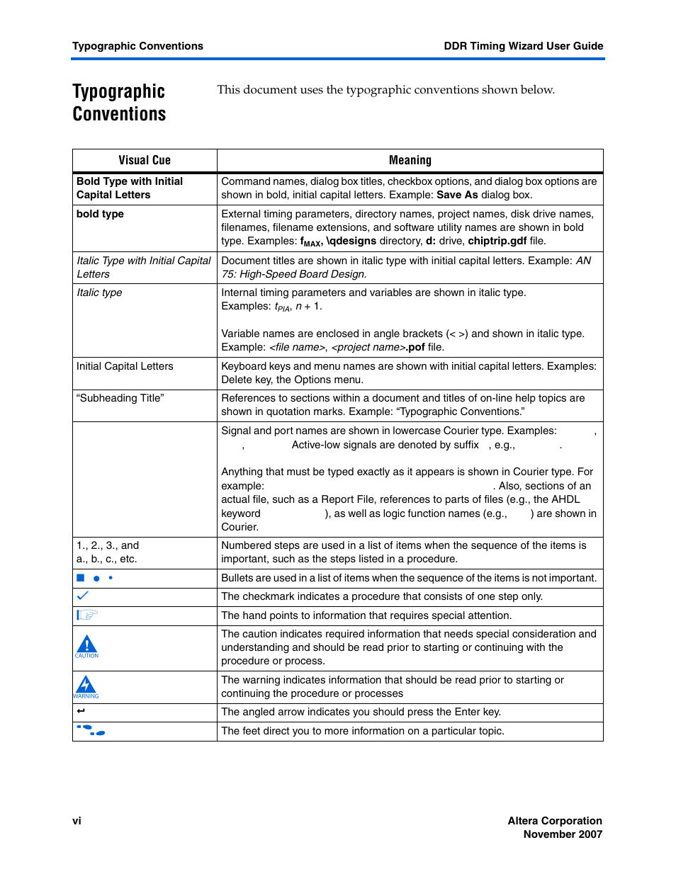 Typographic conventions, Typographic conventions –vi | Altera DDR Timing Wizard User Manual | Page 6 / 92